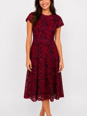NWT Tahari ASL Macy Sunset Garden Floral Lace Midi Dress Wine Ruby Size 10